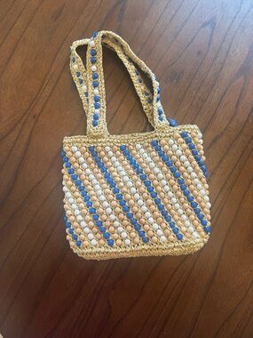Mango Straw Tote with Blue and Cream Beaded Accents